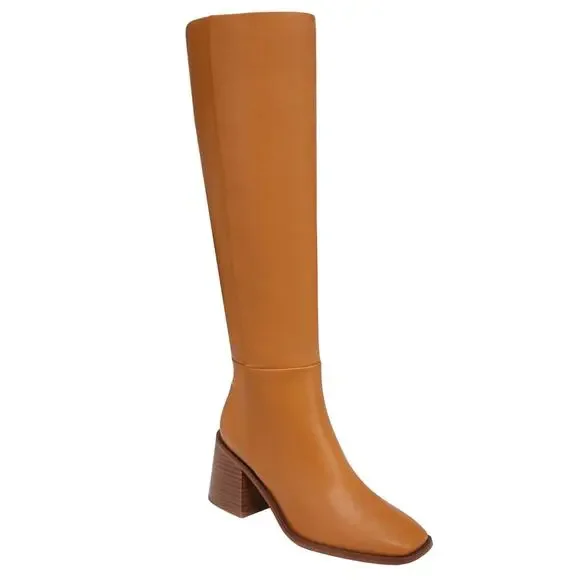 Sam Edelman Wade Knee High Tall Boot Sz 7.5 Brown Leather Block Heel Square Toe